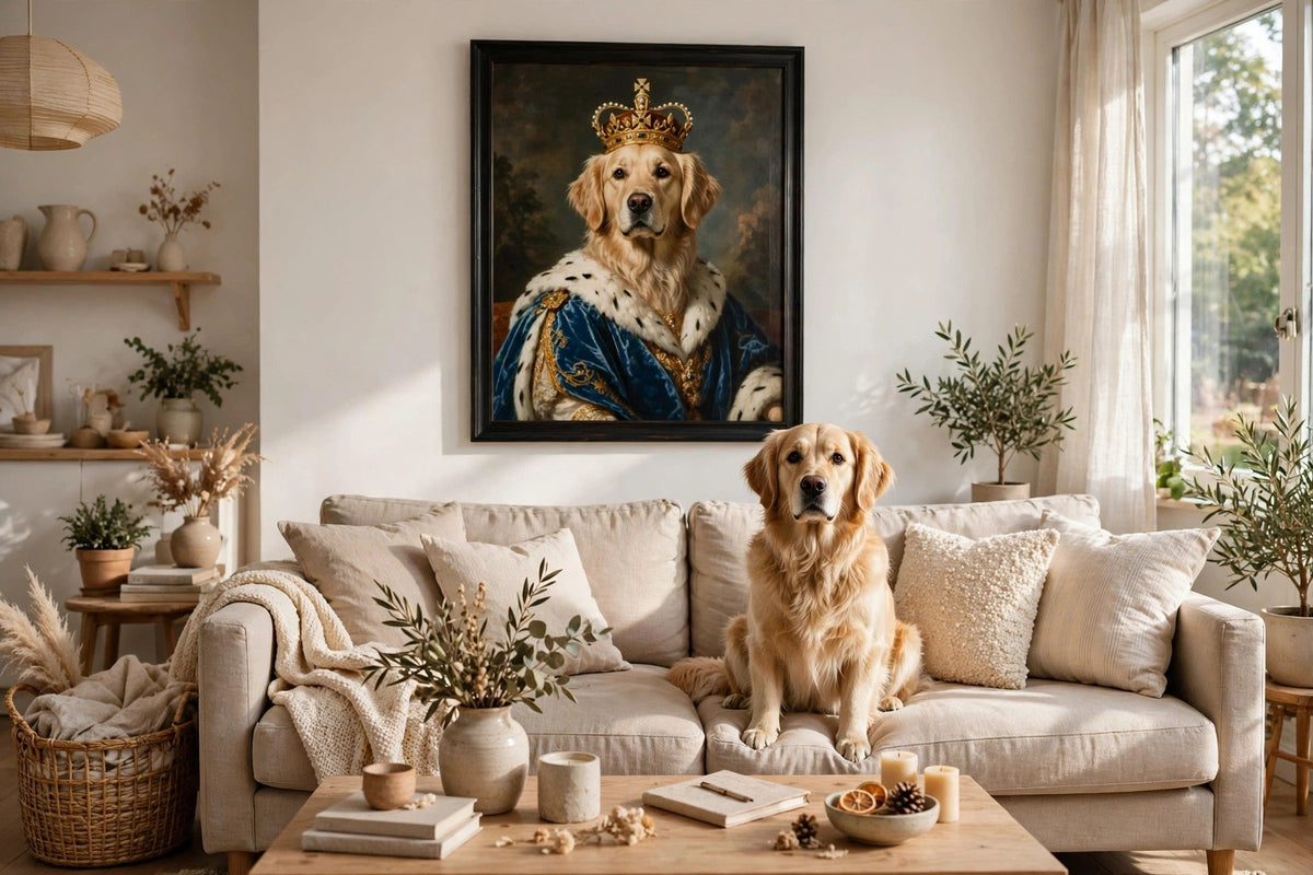 Framed pet portrait poster above sofa with dog